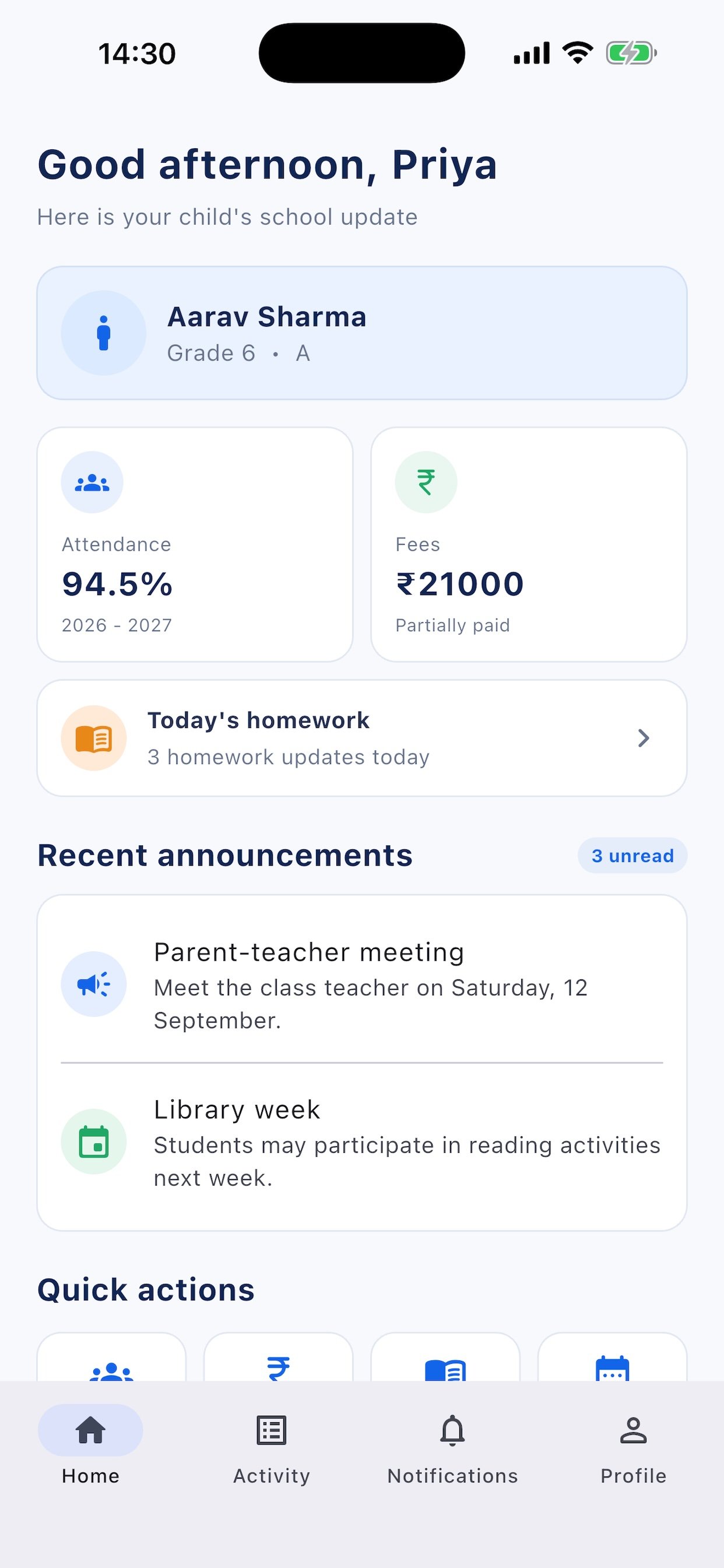 Smart Campus parent dashboard showing a student profile, attendance, fees, homework, announcements, and quick actions